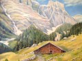 Paisaje alpino con cabaña y montañas